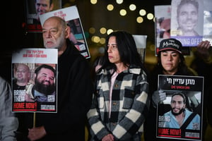 Families of Israel hostage Matan Zanguaker hold a press conference in Tel Aviv on December 14, 2024