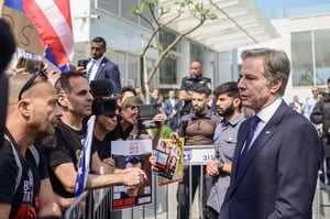 United States Secretary of State Antony Blinken meets with Israelis during a protest calling for the release of Israelis held kidnapped by Hamas terrorists in Gaza, in Tel Aviv on May 1, 202