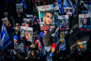 People attend a rally calling for the release of Israelis held hostage by Hamas terrorists in Gaza, at Central Park in New York City, on January 12, 2025