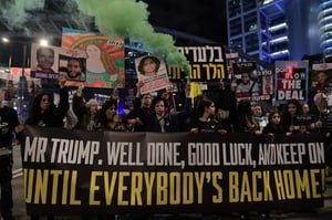 Demonstrators protest for the release of Israelis held hostage in the Gaza Strip, outside Hakirya Base in Tel Aviv, January 20, 2025