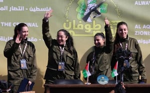 The hostages before their release in the Hamas propaganda video