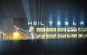 Heil Tesla sign projected onto Berlin Factory