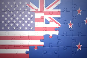 Puzzle with the national flag of United States of America and New Zealand