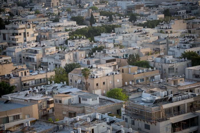 The urban solar energy regulation is written, just waiting to be published. Rooftop solar heaters in Tel Aviv.