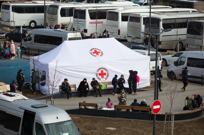 Freely helping out in war zones like Ukraine and Gaza - except when it comes to Israelis being held captive. Red Cross tent.