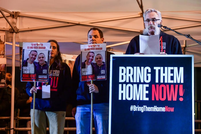 People attend a rally calling for the release of Israelis held kidnapped by Hamas terrorists in Gaza at "Hostage Square" in Tel Aviv, January 27, 2024.