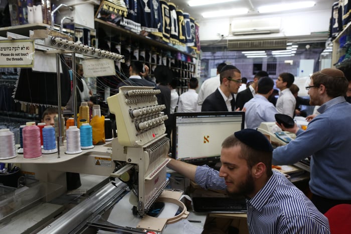 Now a "working and learning society." Charedi man at work, 2014.