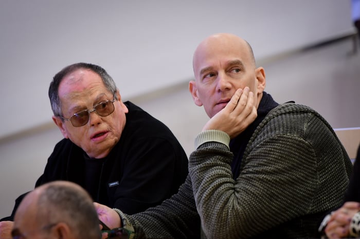 Israeli journalists Amnon Abramovich and Guy Peleg attend International Holocaust Remembrance Day Ceremony in memory of holocaust survivor Meir Grant, in Herzliya, January 27, 2020. 