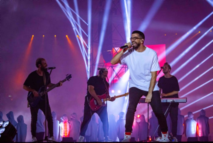 Israeli singer-songwriter Hanan Ben Ari performs at the opening ceremony of the Maccabiah Games in Jerusalem. July 14, 2022. 