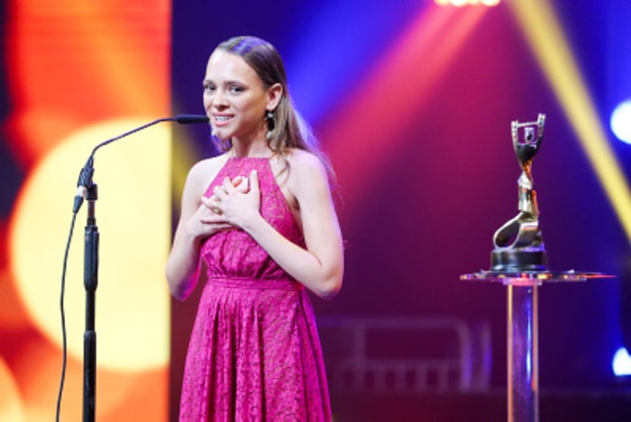 Israeli actress Shira Haas receives the prize for Best Supporting Actress at the Ophir Awards ceremony, Ashdod. 