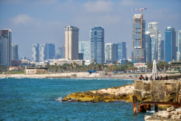 View of the Tel Aviv coastline as it seen from the sea, on June 23, 2024. 