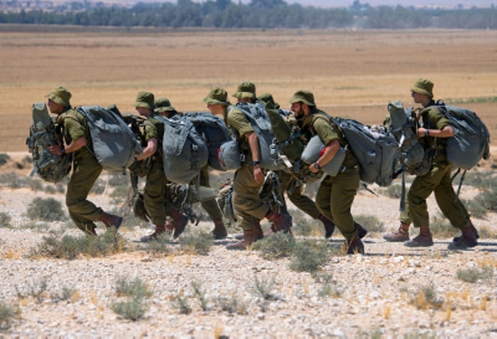 Army drill of Israeli paratroopers at Kibbutz Revivim. 