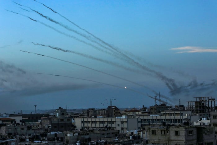 Hamas fires a large number of rockets towards Israel in the city of Rafah in the southern Gaza Strip, October 7, 2023.