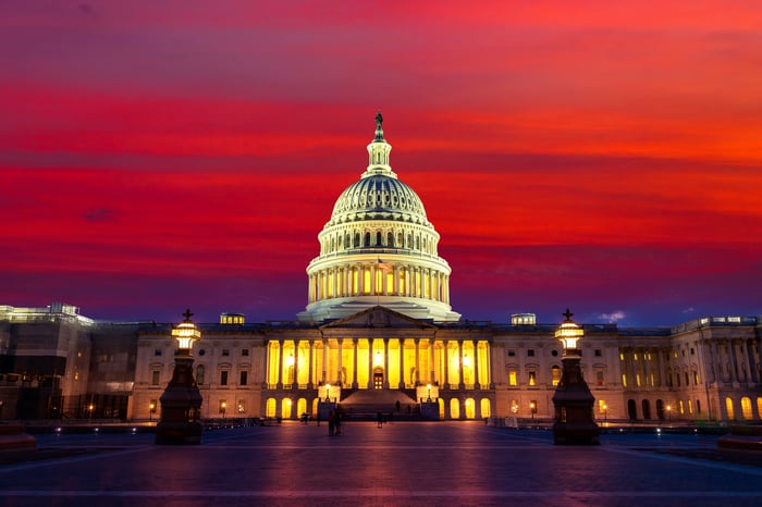 The United States Capitol building at sunset in Washington DC, USA 