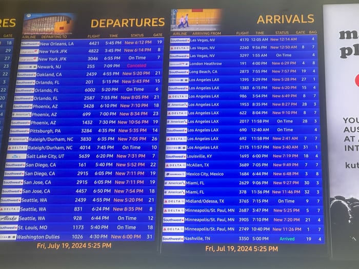 The Departure and Arrival Screens in the terminal showing flight delays and disruptions from the Crowdstrike failure