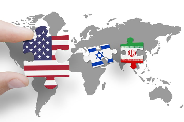 Puzzle made from flags of USA, Israel and Iran