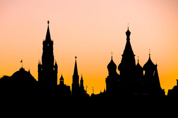 Silhouette of Moscow cityscape towers of Kremlin and Cathedral domes at sunset 