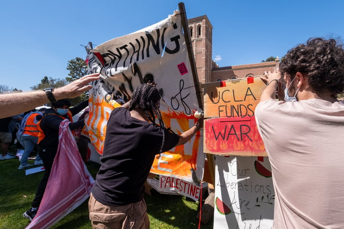 Pro-Palestinian protesters at an encampment at the University of California, Los Angeles (UCLA), on Friday, April 26, 2024