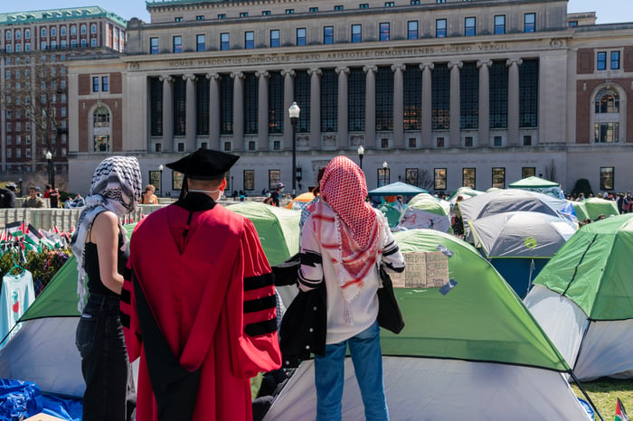 Pro-Palestinian supporters set up a protest encampment on the campus of Columbia University in New York as seen on April 22, 2024 