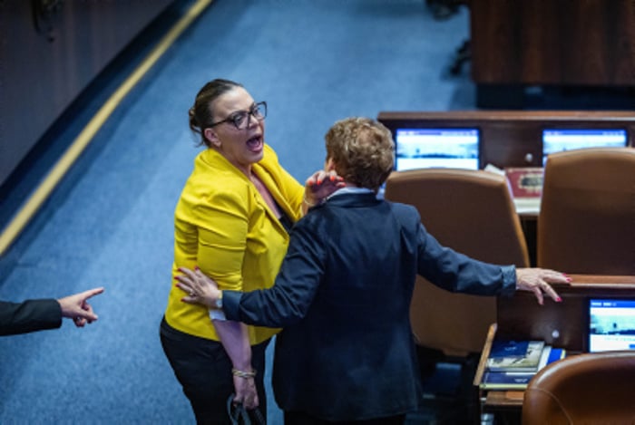 MK Galit Distel Atbaryan reacts during a 40 signatures debate, at the plenum hall of the Knesset on July 17, 2024