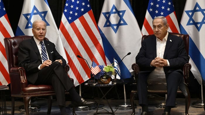 US President Joe Biden listens to Israel's Prime Minister Benjamin Netanyahu 