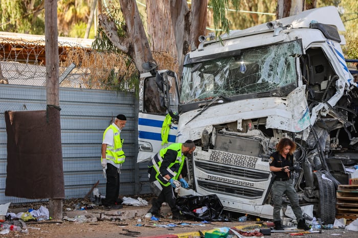 The scene where a truck rammed into a bus stop near Glilot in central Israel, October 27, 2024