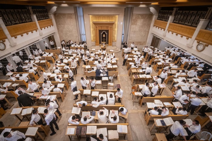 Jewish yeshiva students study at the Kamenitz Yeshiva, in Jerusalem on September 9, 2024. 