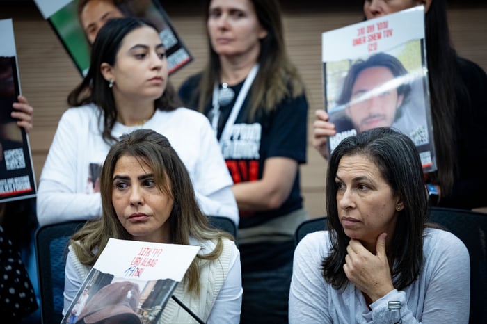 Families of Israelis held hostage in the Gaza Strip attend the Israeli parliament in Jerusalem on November 11, 2024.