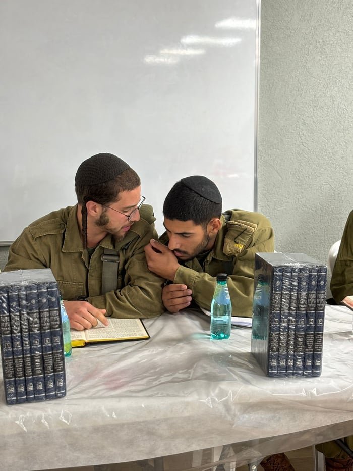 Netzah Yehudah soldiers learning the halachas of Hanukkah