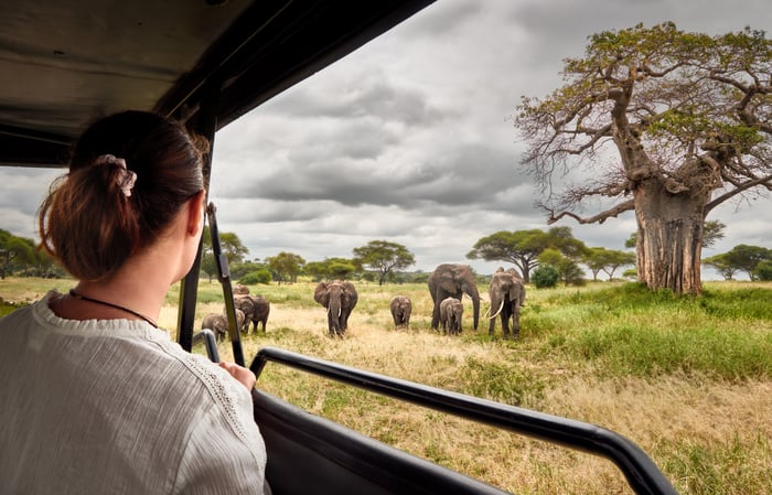 Woman tourist on safari in Tanzania