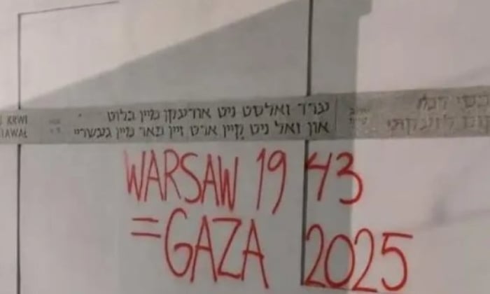 "Warsaw 1943 = Gaza 2025" graffiti desecrates Holocaust memorial