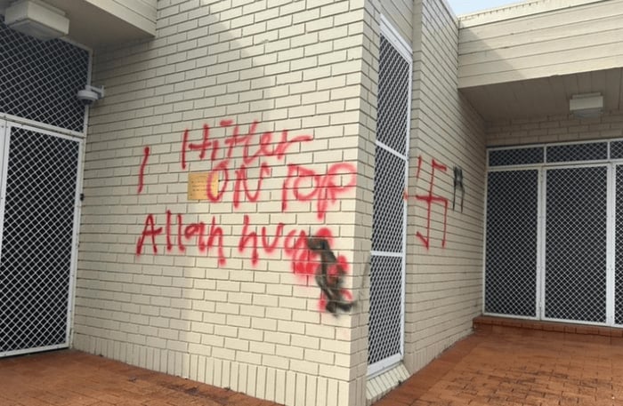 Scene of the horrific graffiti by antisemites, writing "Hitler on top"