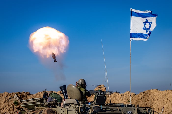 Israeli soldiers fire mortar shells towards targets in the Gaza Strip near the Israeli border with the Gaza Strip