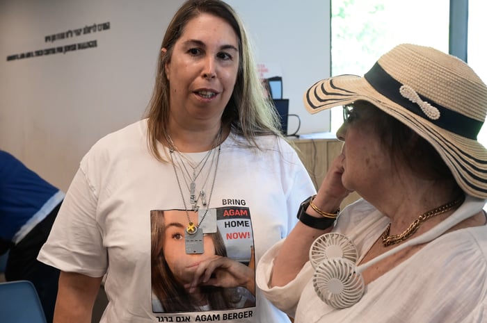 Family members of Israeli hostage Agam Berger celebrate her 20th birthday in Hamas captivity in Tel Aviv, August 23, 2024.