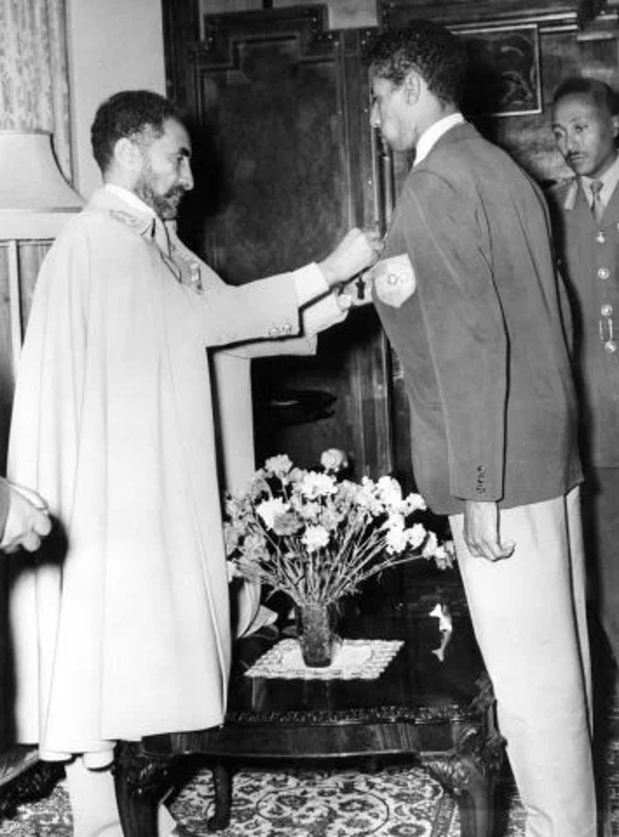 Abebe Bikila receives the title of "Star of Ethiopia" from the emperor