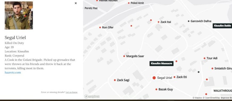 Map of Kissufim with accompanying picture of Segal Uriel, murdered there.