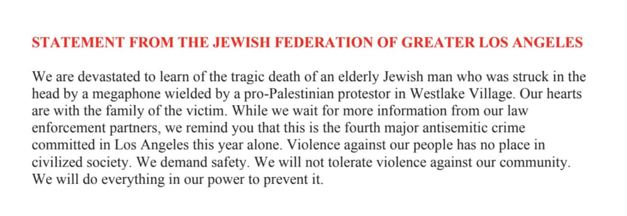 Response of Los Angeles Jewish Federation to Paul Kessler's death.