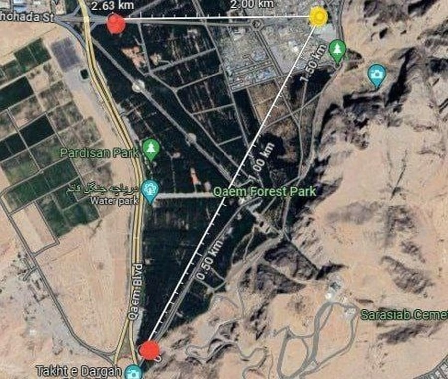 Red - the locations of the charges, in yellow - Soleimani's grave