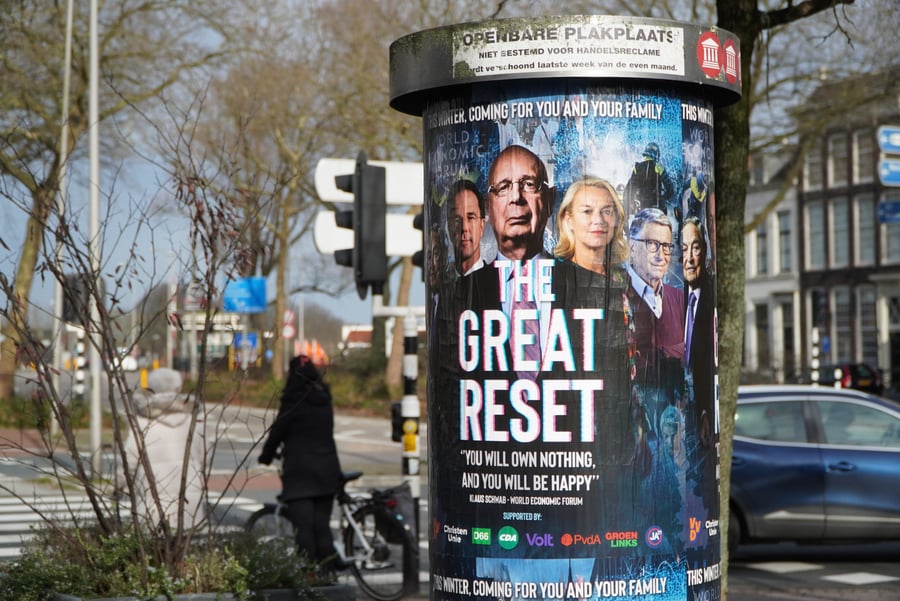 Purmerend, the Netherlands - february 2022: A poster with World Economic Forum director Klaus Schwab hangs in various places in the Netherlands. The Great Reset.