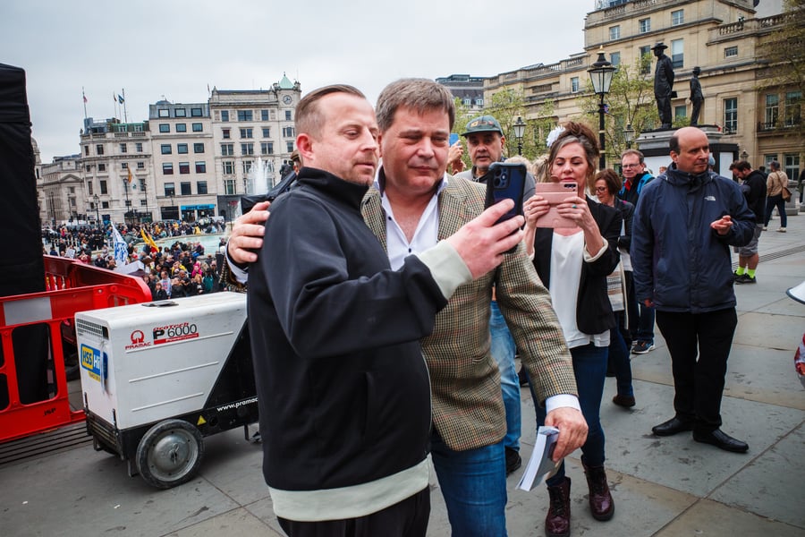 London, United Kingdom - May 13 2023: Reclaim Party MP Andrew Bridgen poses for a selfie at the Truth Be Told rally in Trafalger Square.