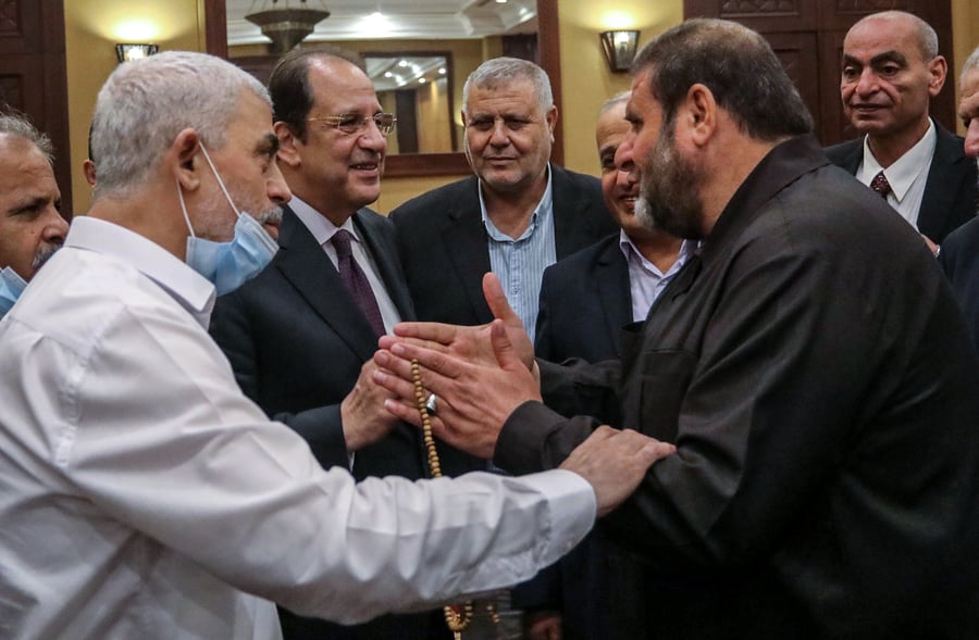 Yahya Sinwar, Hamas' political chief in Gaza, meets with General Abbas Kamel, Egypt's intelligence chief, as Kamel arrives for a meeting with leaders of Hamas in Gaza City. May 31, 2021.