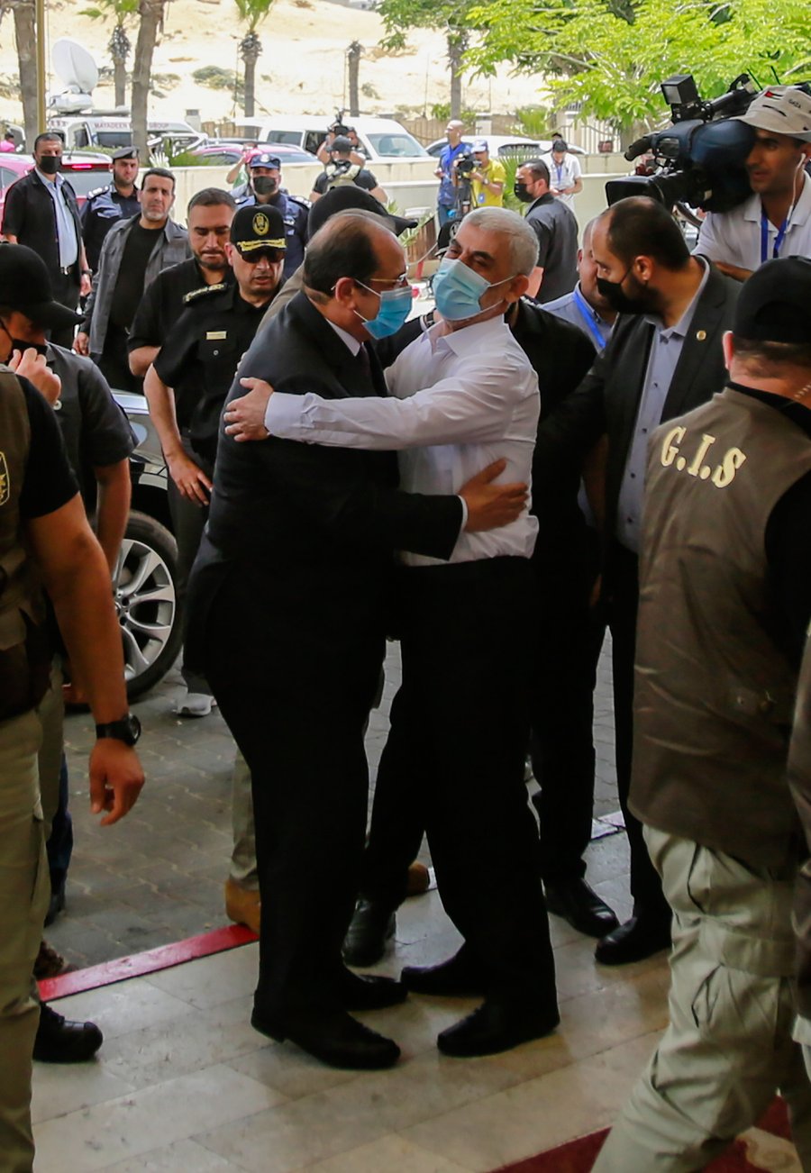 Yahya Sinwar, leader of the Palestinian Hamas movement meets with General Abbas Kamel, Egypt's intelligence chief , as he arrives for a meeting with leaders of Hamas in Gaza City