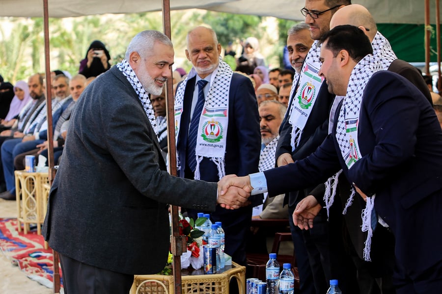  Head of the Political Bureau of Hamas Ismail Haniyeh attends a groundbreaking ceremony for the Rafah Medical Complex in Rafah, southern Gaza Strip, on November 23, 2019.