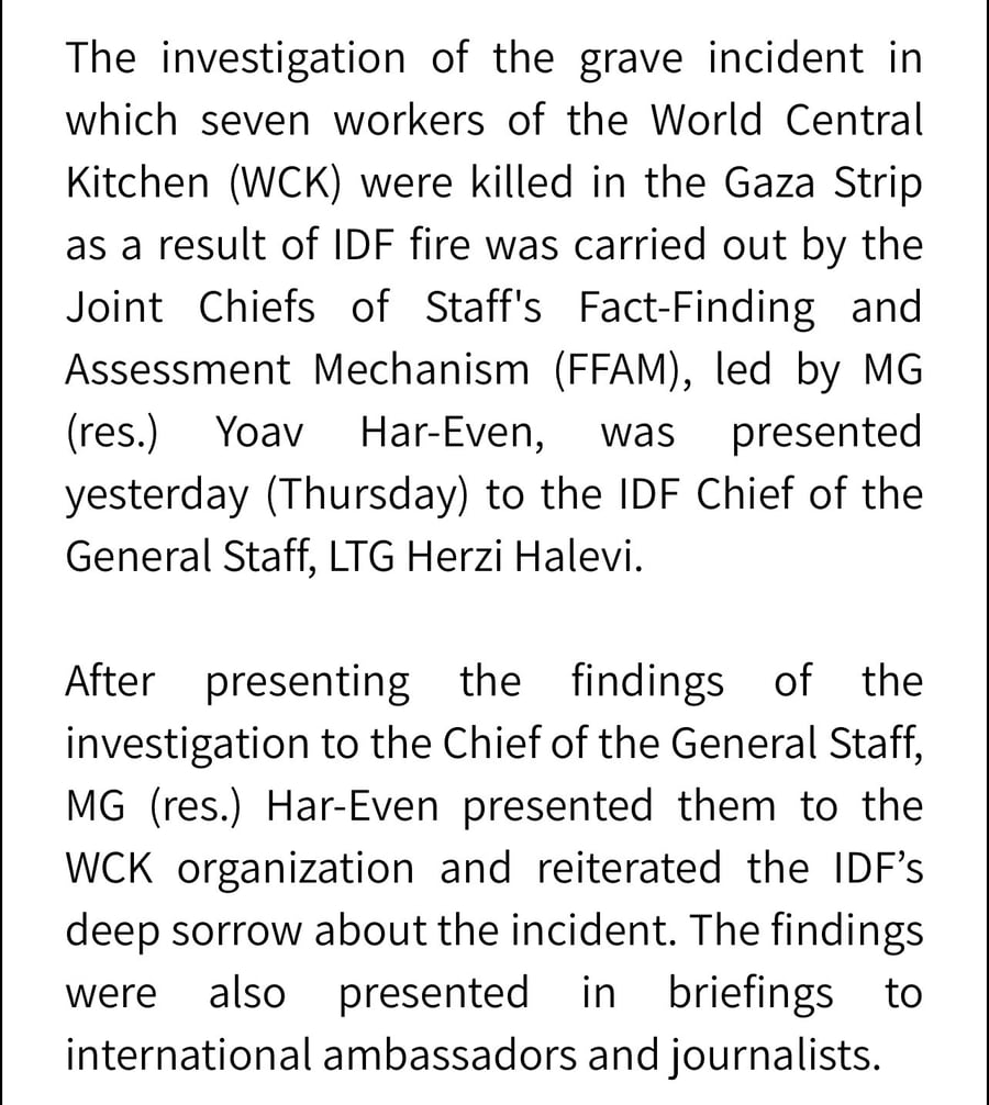 World Central Kitchen incident investigation summary.
