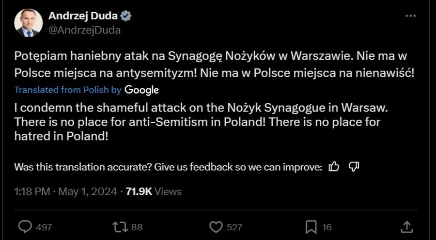 Polish President Andrzej Duda's condemnation of the firebombing.