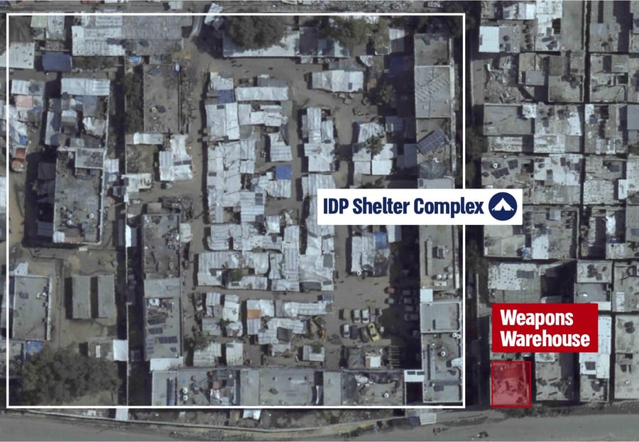 Map showing location of weapons warehouse near humanitarian zone.
