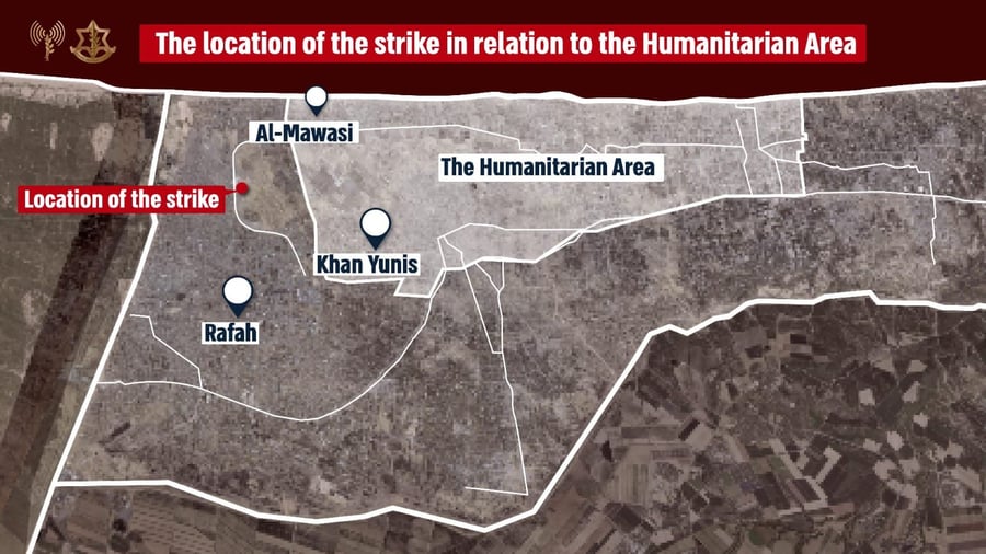 IDF infographic of strike relative to the location of the humanitarian zone.