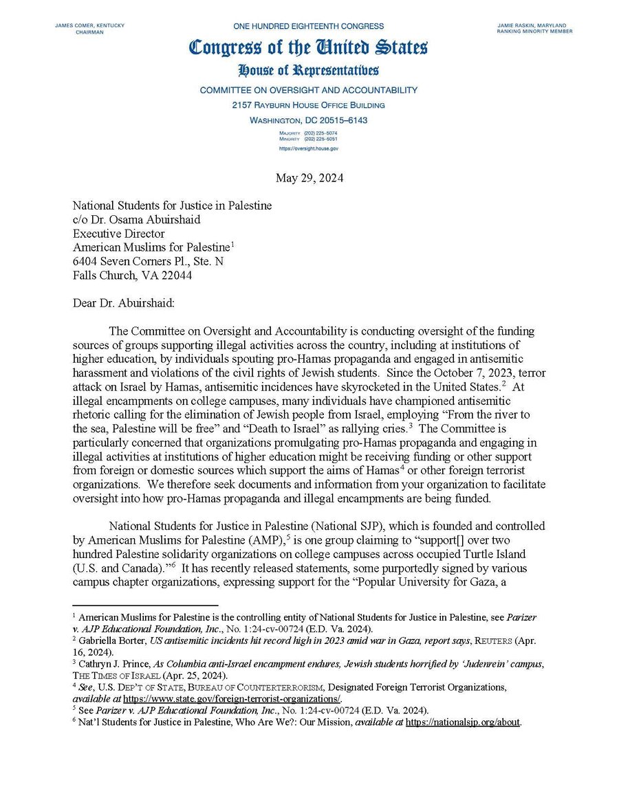 House Oversight Committee letter to Students for Justice in Palestine (1/4).