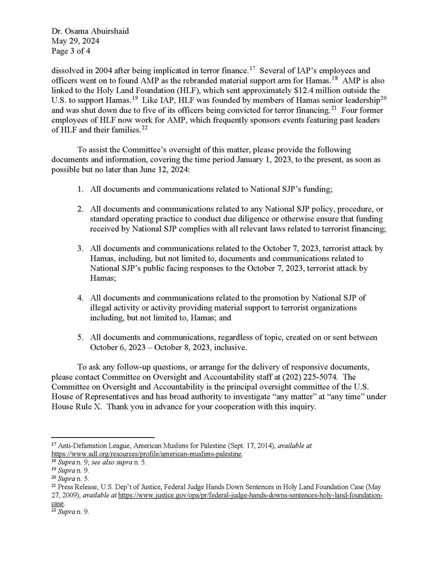 House Oversight Committee letter to Students for Justice in Palestine (2/4).