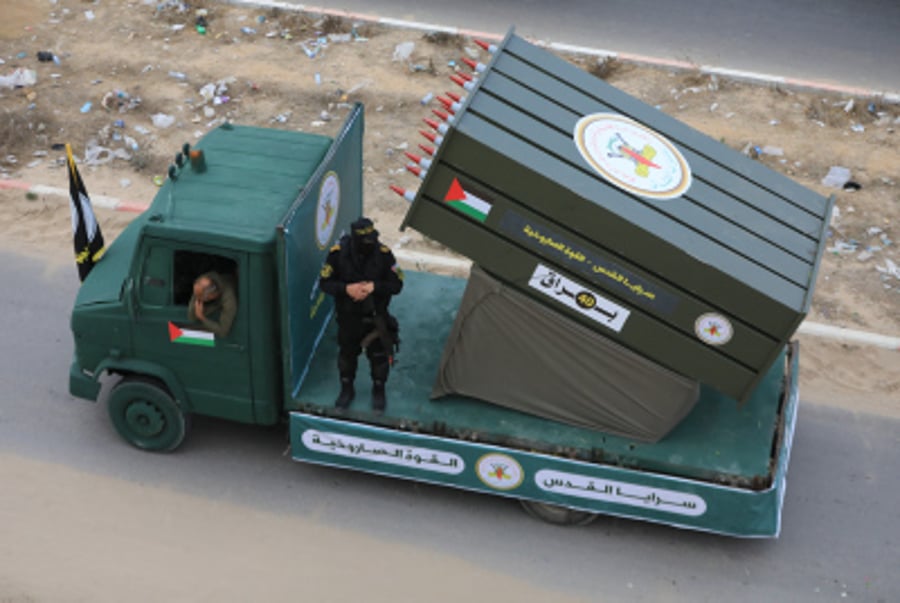 Members of the Al-Quds Brigades, the military wing of the Islamic Jihad movement in Palestine, display new missiles, October 4, 2023. 